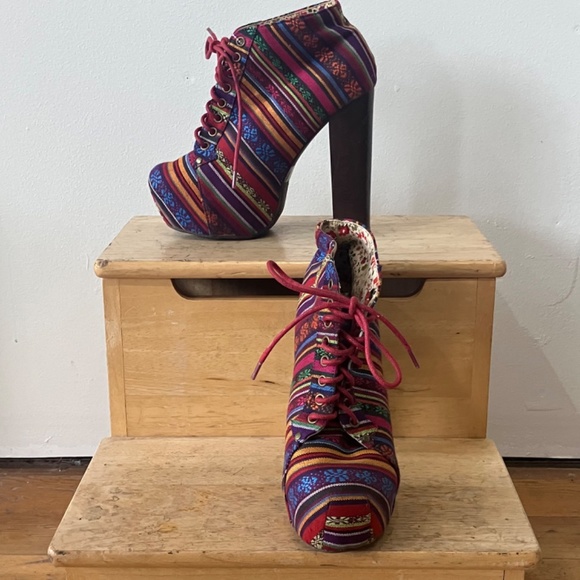 Multicolored textile platform heeled booties - Picture 5 of 8